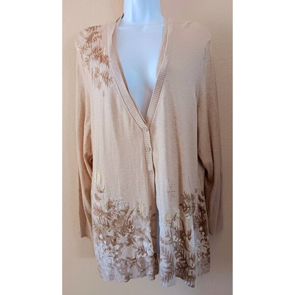 Snowflakes Winter Cardigan Sweater Gold Leaves Tan Holiday XXL - Picture 2 of 14